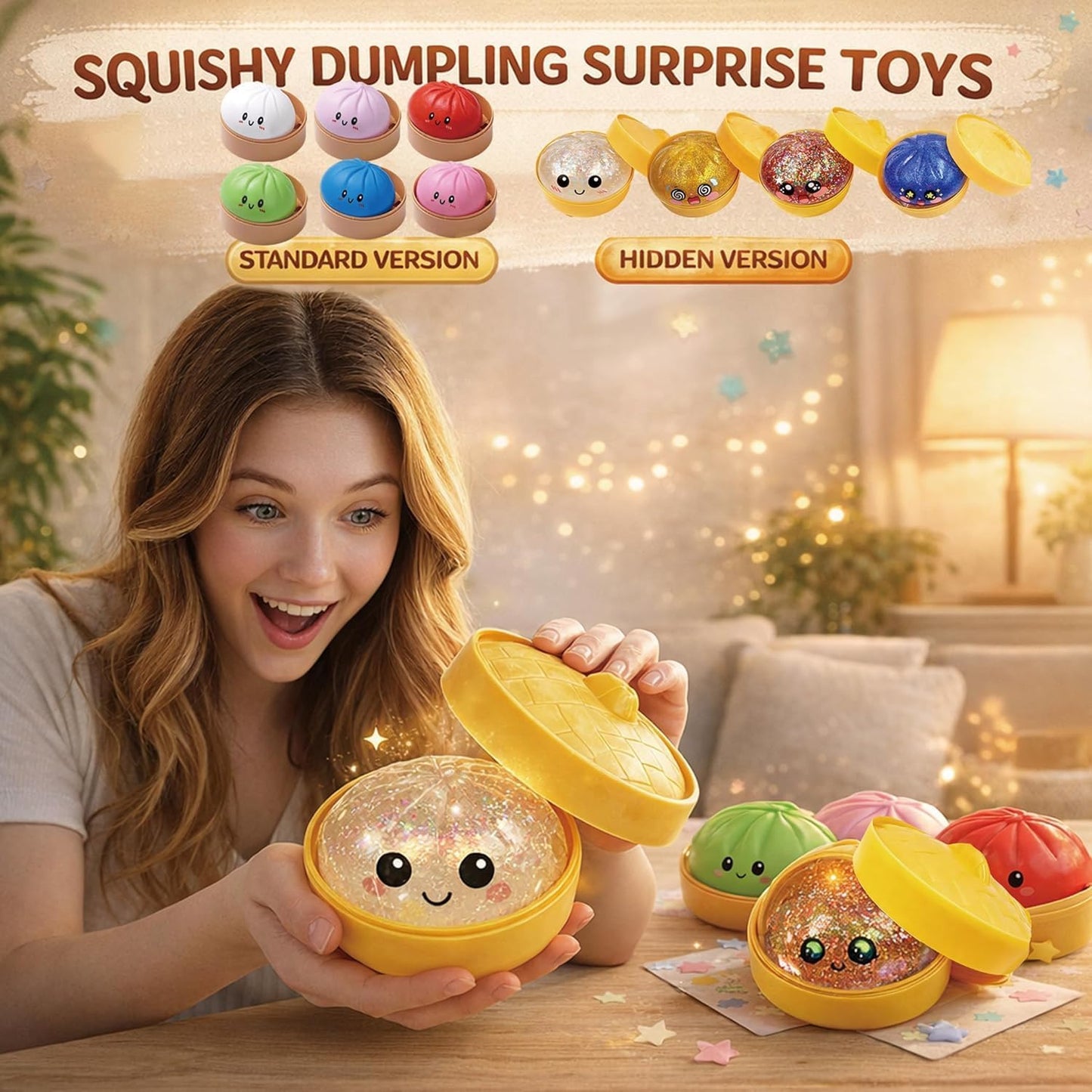 Dumpling Squishies, Glitter Dumpling, Glitter Dumplings Squishy with Box, Dumplings Sensory Squeeze Toy for Stress Relief Stretchy Desk Toys (White)