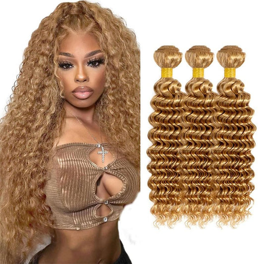 Honey Blonde Bundles Human Hair 26 28 30 Inch Color 27 Deep Wave Bundle Brazilian Virgin Hair 3 Bundles Blonde Deep Wave Bundle Hair Weave 300g