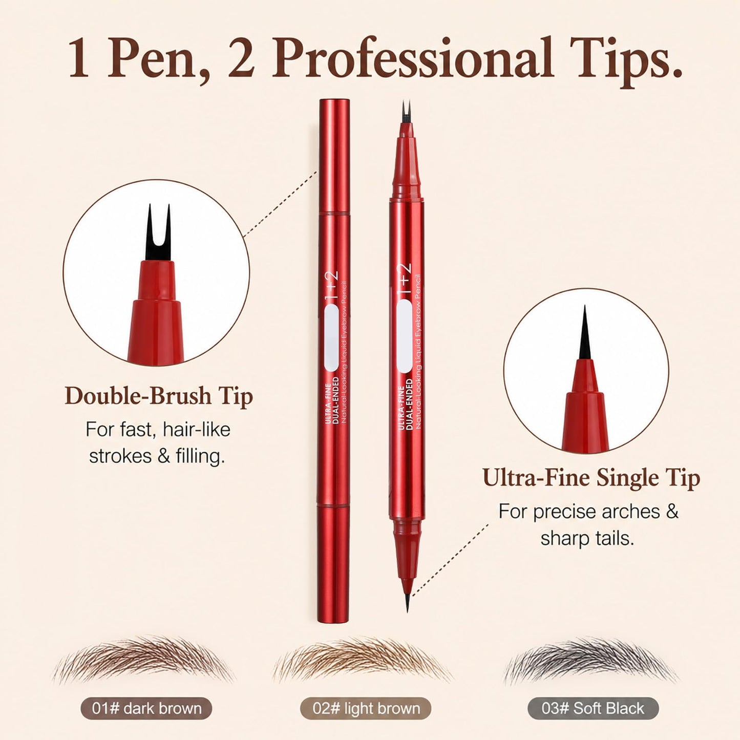 Dual-Ended Faux Brow Pen, Hair-Like Liquid Eyebrow Pencil with Double-Brush Tip & Precise Single Tip, Fast & Easy Makeup for Sparse Brows, Waterproof & Smudge-Proof Eyebrows Dark Brown