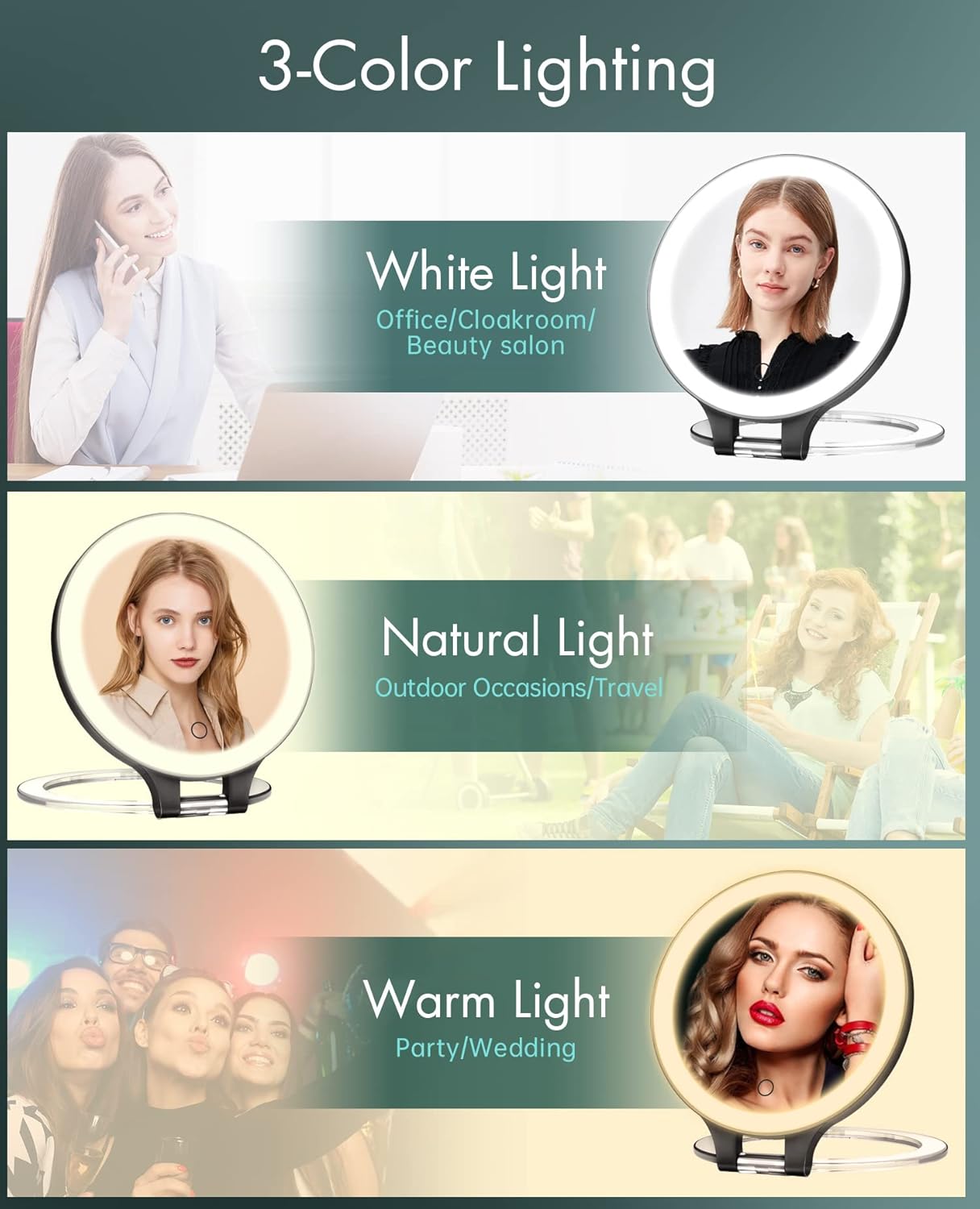 10X 1X Double-Sided Magnifying Makeup Mirror - Rechargeable Lighted with 3 Color Settings | Adjustable Rotation