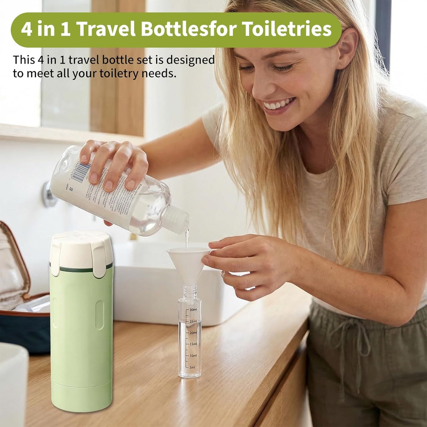 Travel Toiletries Bottle Set - 4 in 1 Refillable Dispenser for Shampoo, Lotion, Conditioner | Leak-Proof, Portable Containers (White & Green)