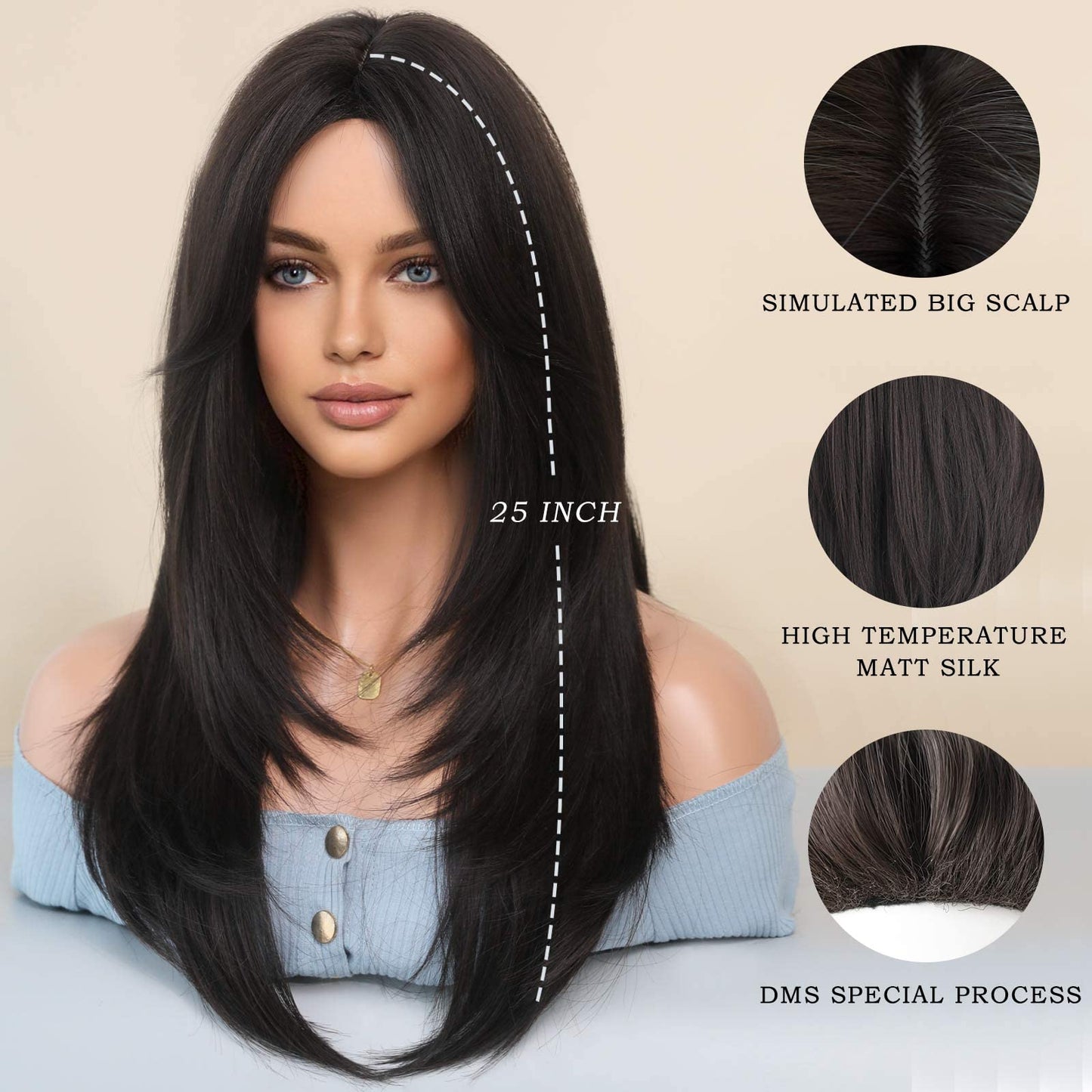 7JHH WIGS Long Straight Wig for Women Synthetic High Density Heat Resistant Hair Wig for Daily Party 24 Inches
