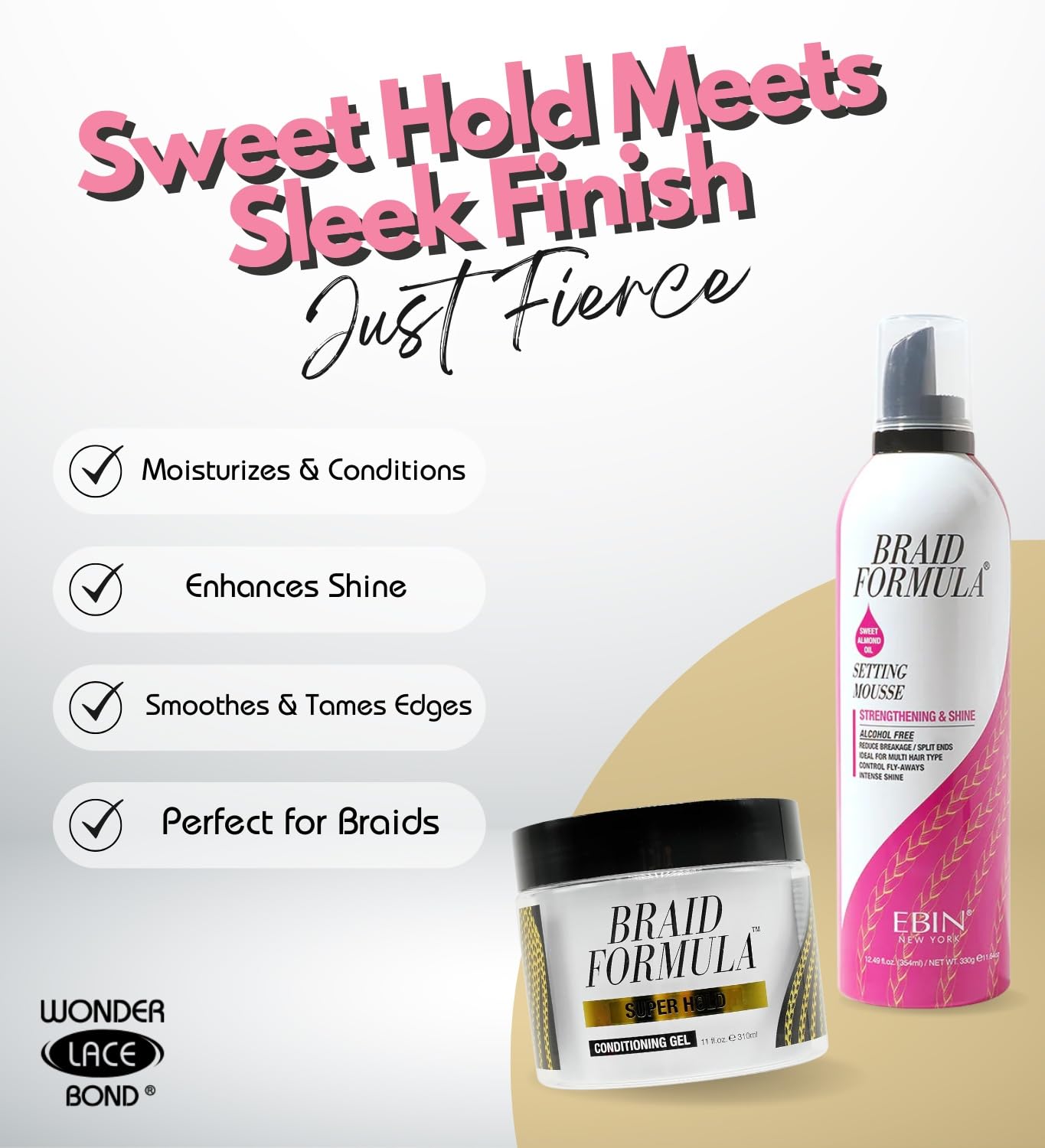 EBIN NEW YORK Braid Formula Conditioning Gel Super Hold 11oz & Setting Mousse Strengthening Shine Sweet Almond Oil 12.49oz Braid Mousse Hair Foam & Gel for Braids – Gift Set (2 Items)