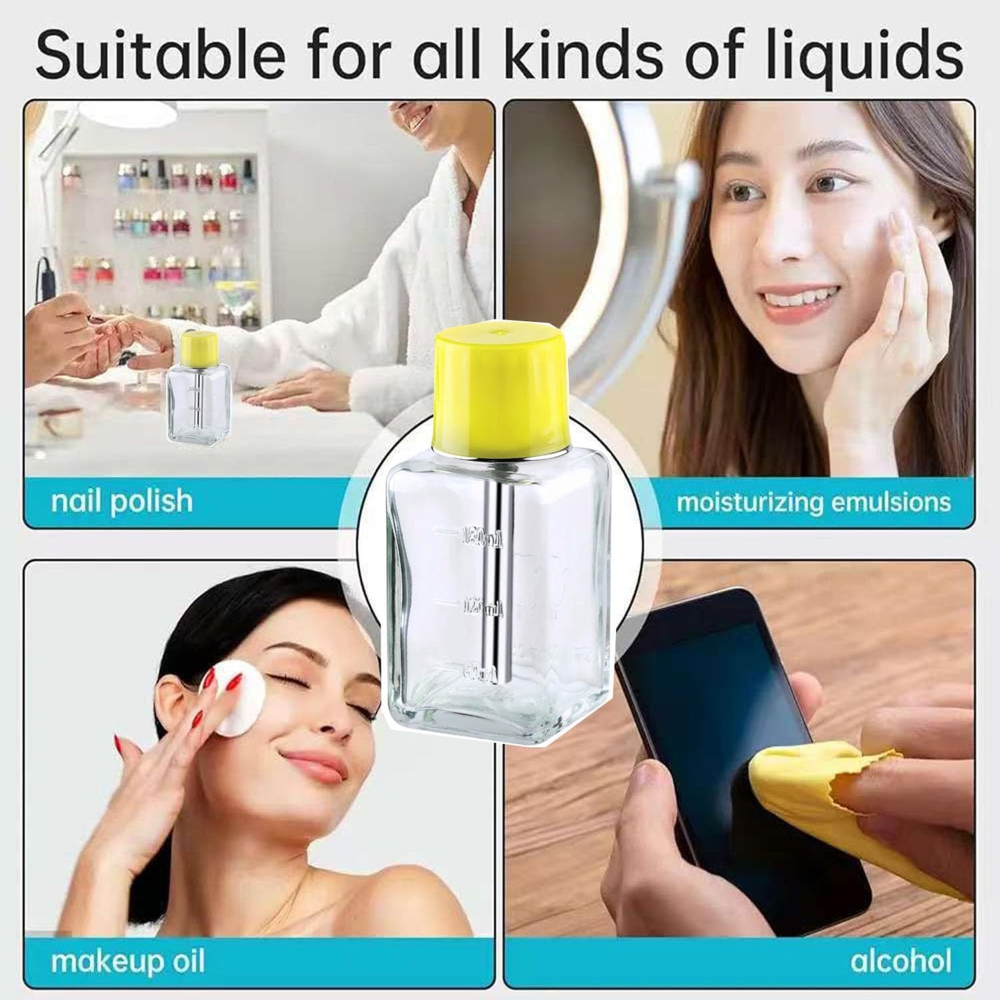 Glass Push Down Pump Dispenser Bottle - 6 Oz Clear Refillable Container for Alcohol & Makeup | Square Shape