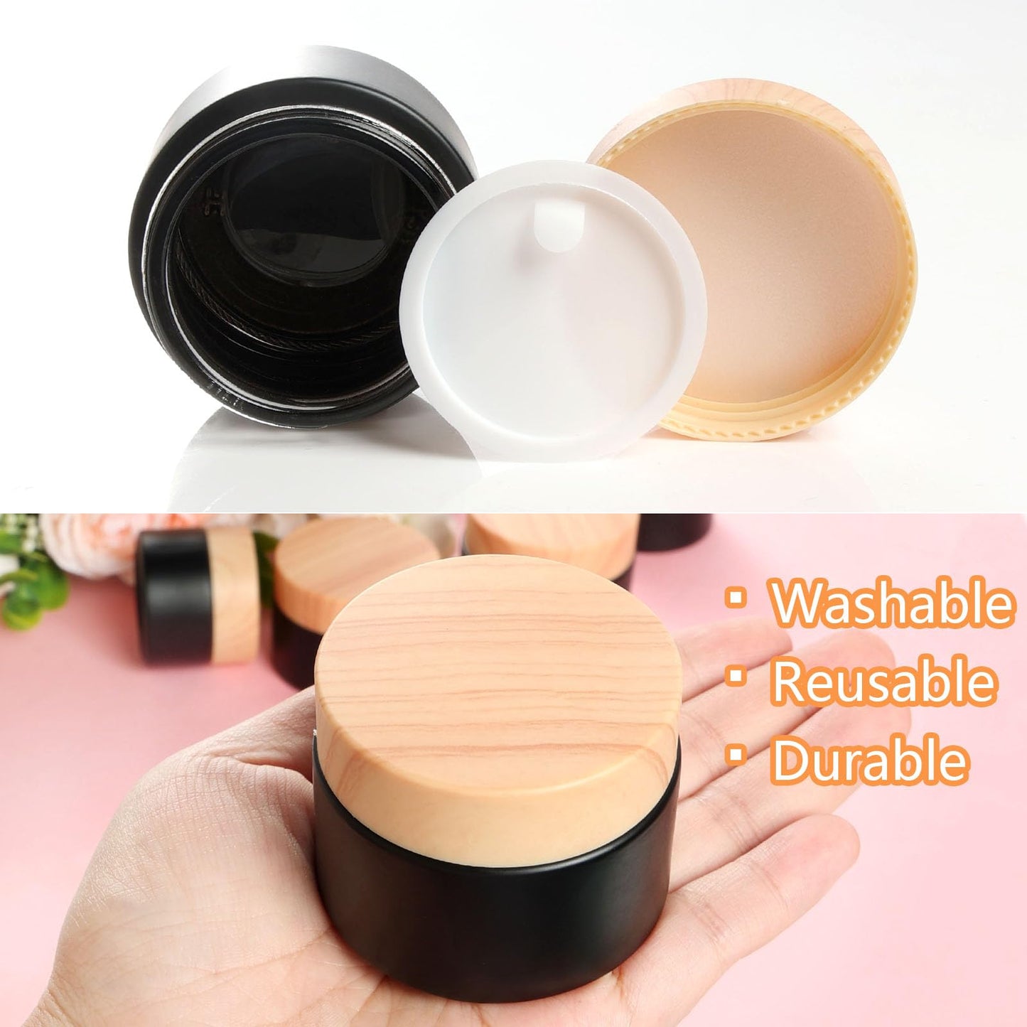 Miayon 6Pcs Glass Lotion Cream Container with Lid Refillable Empty Sample Cosmetic Jar for Makeup Scrub Cream Toiletries Home Travel (Black,15ml,30ml,50ml)