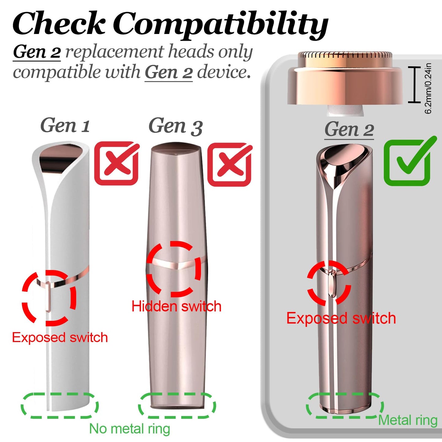 FRASAM 6Pack Facial Rose Gold Gen 2 Replacement Heads for Flawless Hair Remover Generation 2, 18K Gold Double Blades