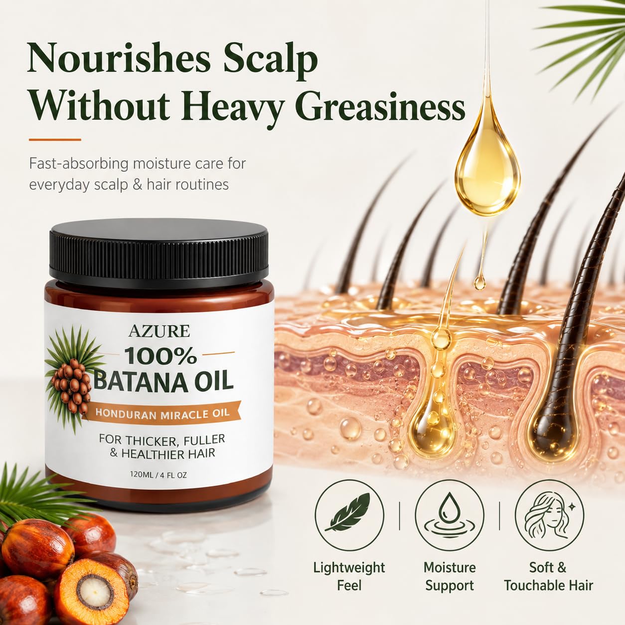 Azure Batana Oil for Hair Growth - Deep Moisture Treatment for Dry, Damaged Hair | 4 Fl Oz