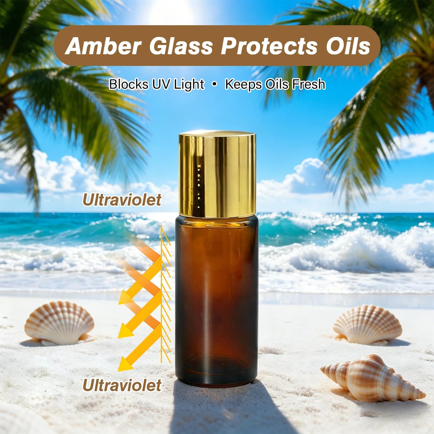 SilkGleam 5 Pack Amber Glass Essential Oil Roller Bottles, 50ml Rose Quartz Roll On Bottles with Natural Crystal Roller Balls, Leak-Proof Refillable Perfume Containers with Gold Caps for DIY & Travel