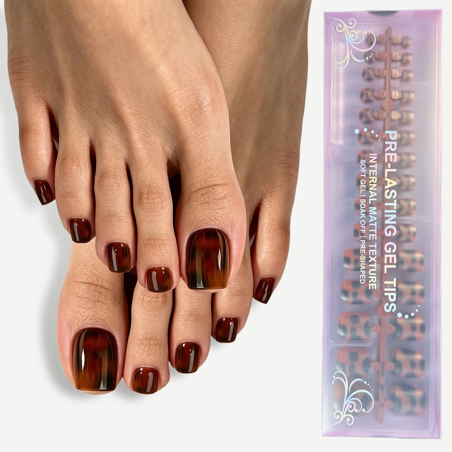 Dsixnails Tortoiseshell Toe Nail Tips, Soft Short Press on Toenails