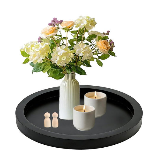 11 Inches Round Wooden Tray Decor,Black Decorative Trays for Home Decor,Round Wood Tray for Coffee Table Candle Holder Vintage Table Farmhouse (Black)