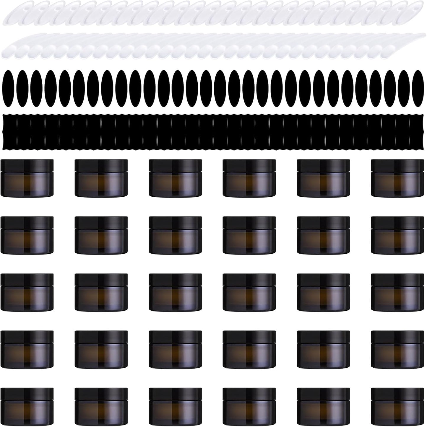 Amber Glass Jars Set - 120 Pcs 60g with Black Lids, Inner Liners & Labels for Scrubs, Lotions & Bath Salts