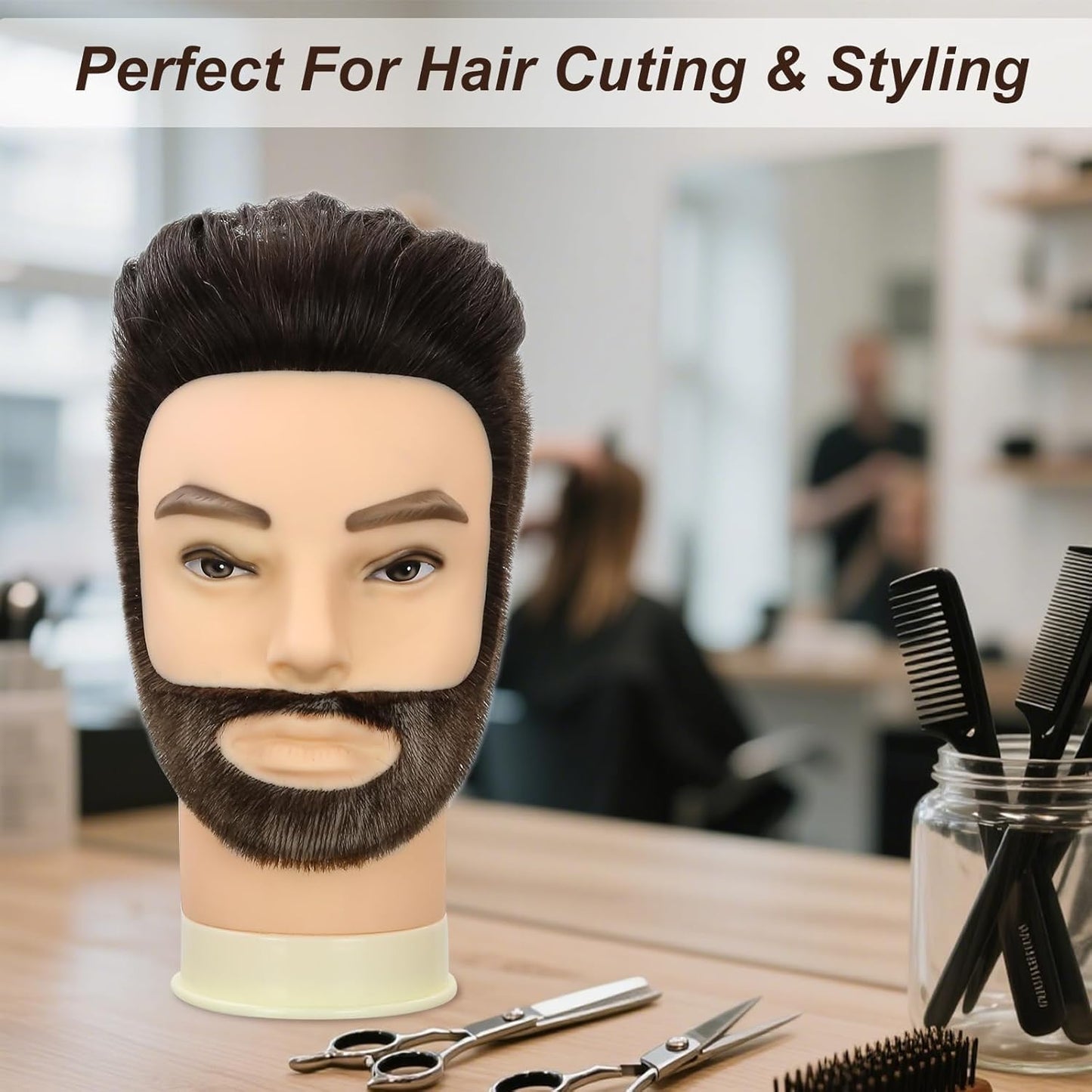 Barber Mannequin Head, 8" Male Mannequin Head 100% Real Human Hair With Beard, Professional Training Doll Manikin Head for Practicing Hair Cutting and Styling, Black