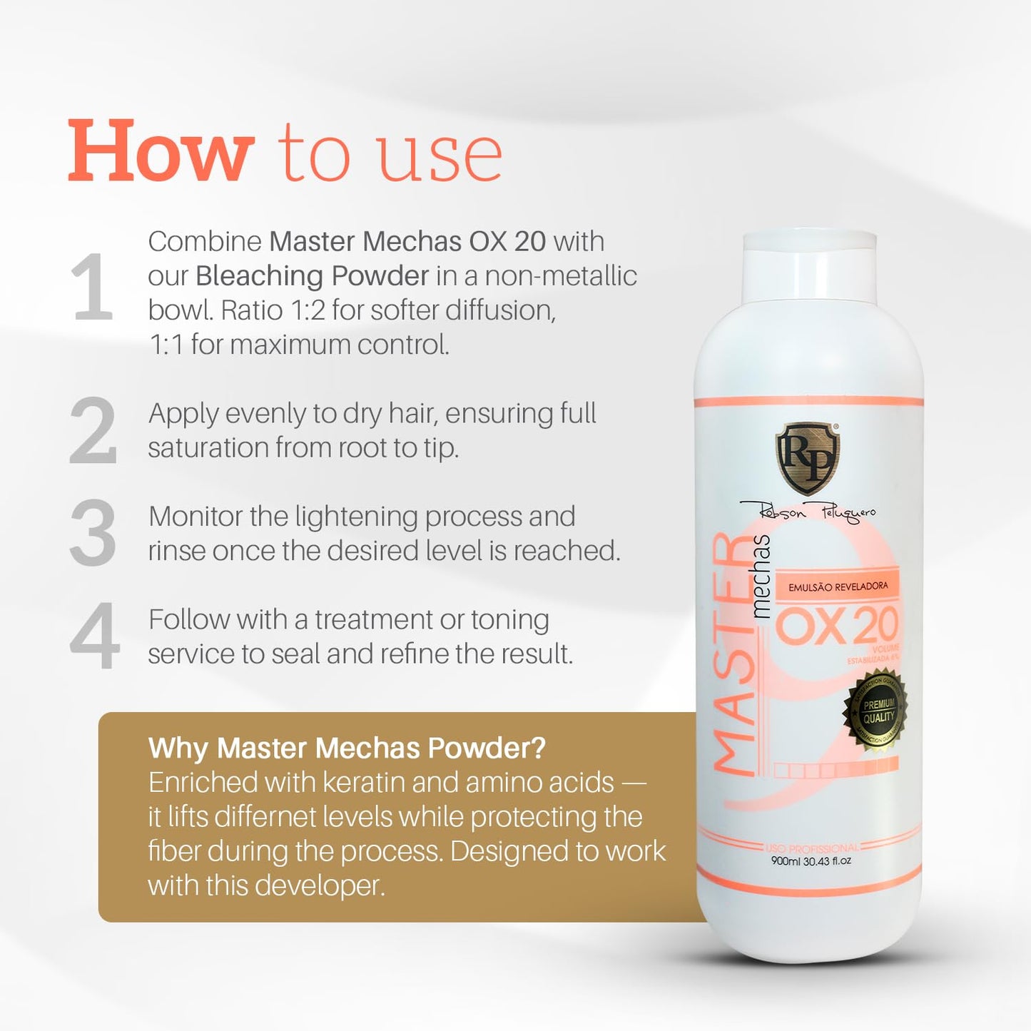Robson Peluquero Master Mechas OX Hair Bleach 20 Volume, Hair Developer - 900mL | Professional High-Lift Cream Peroxide for Bleach Hair, Highlights, Balayage | Controlled Lightening & Protection
