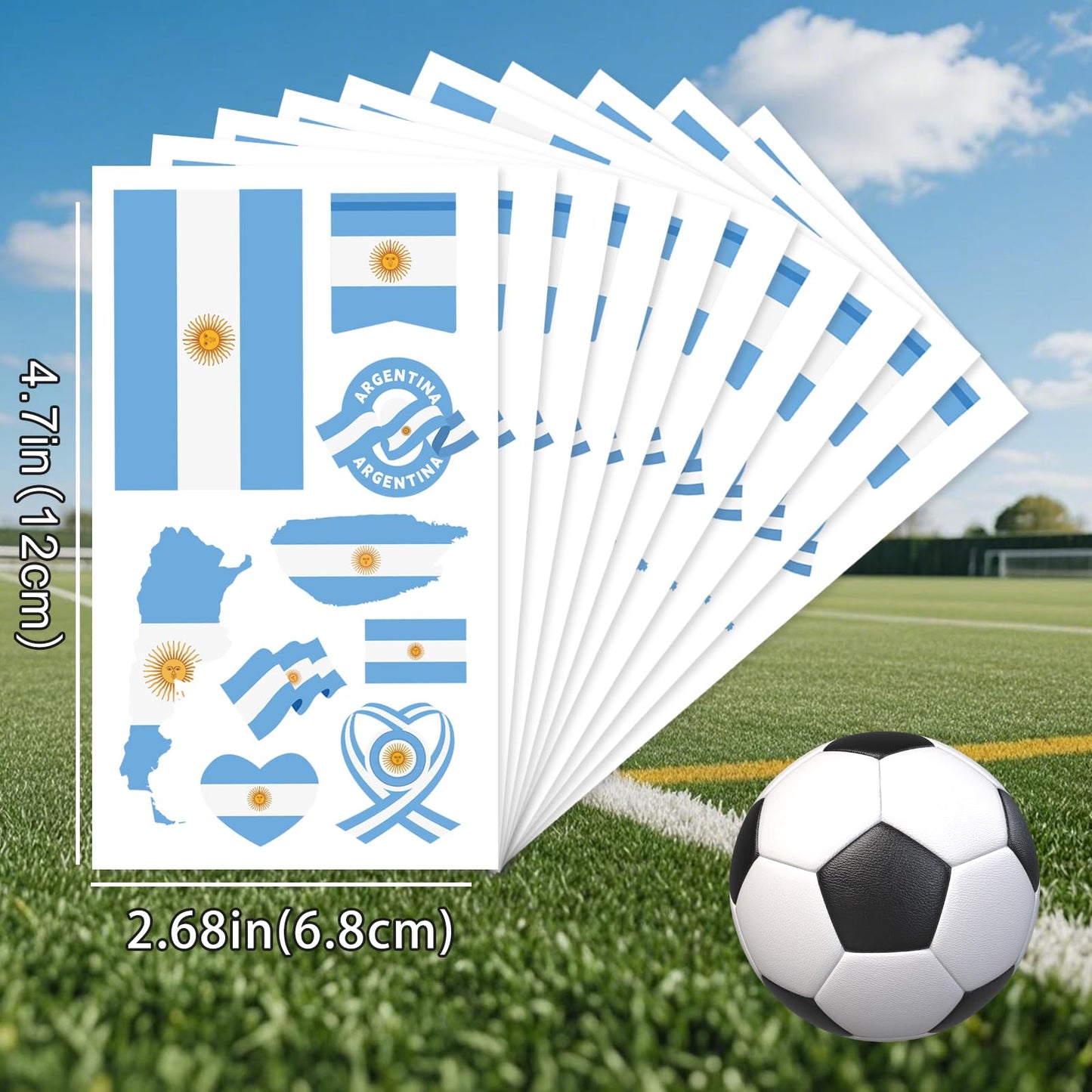 90 PCS Argentine Flag Temporary Tattoos for Adults Kids, 10 Sheets Argentina National Team Stickers, Waterproof Face Body Art for World Cup Soccer Events Fan Supplies