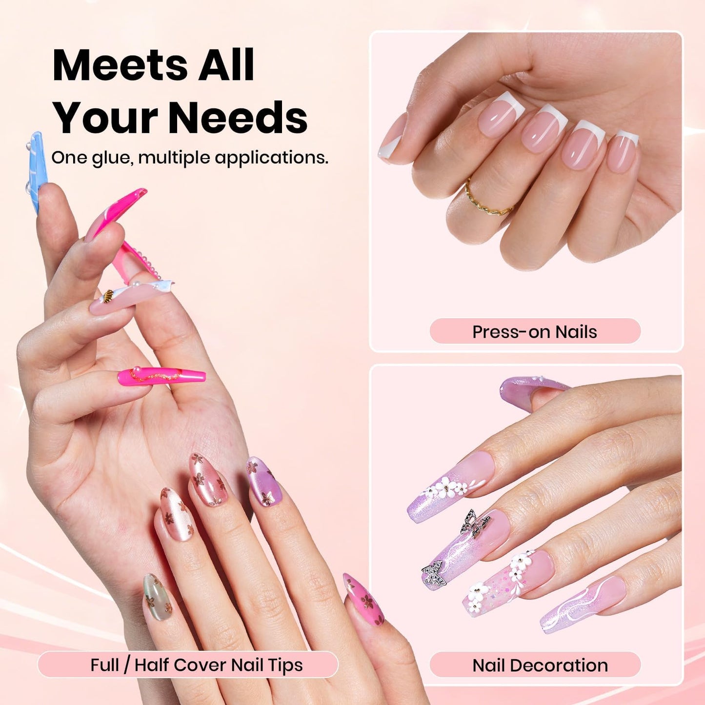 Beetles Super Strong Nail Glue for Press On Nails, No UV Light Needed, 2Pcs 10g Quick Drying Semi Solid Nail Glue, Strong Hold for False & Acrylic Nails