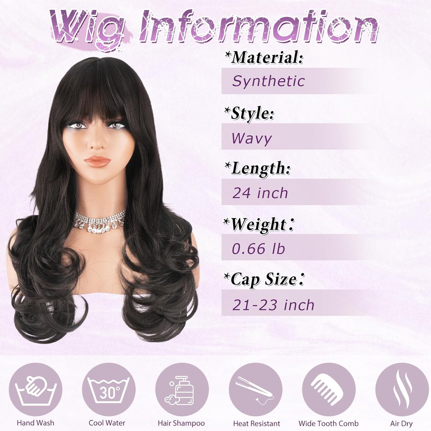 Brown Wigs with Bangs - Long Wavy Layered Synthetic Hair Wig | 24 Inch Dark Brown, Heat Resistant for Daily Wear & Parties