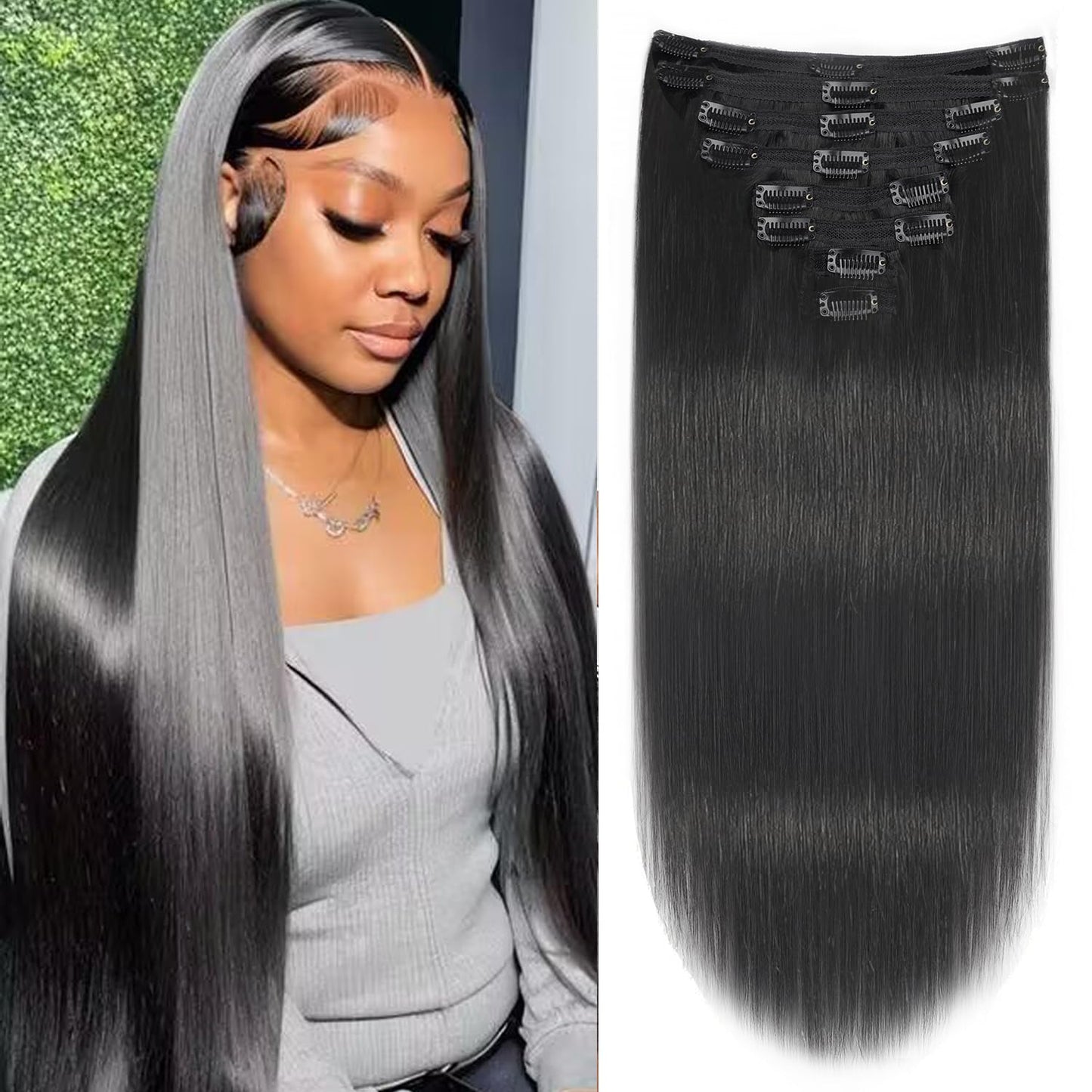 Mihugass Straight Clip Ins Human Hair #1B Natural Color Clip In Hair Extensions Real Human Hair Soft Blendable Lightweight Hair Extensions 24 Inch 8Pcs 120 Grams/Pack