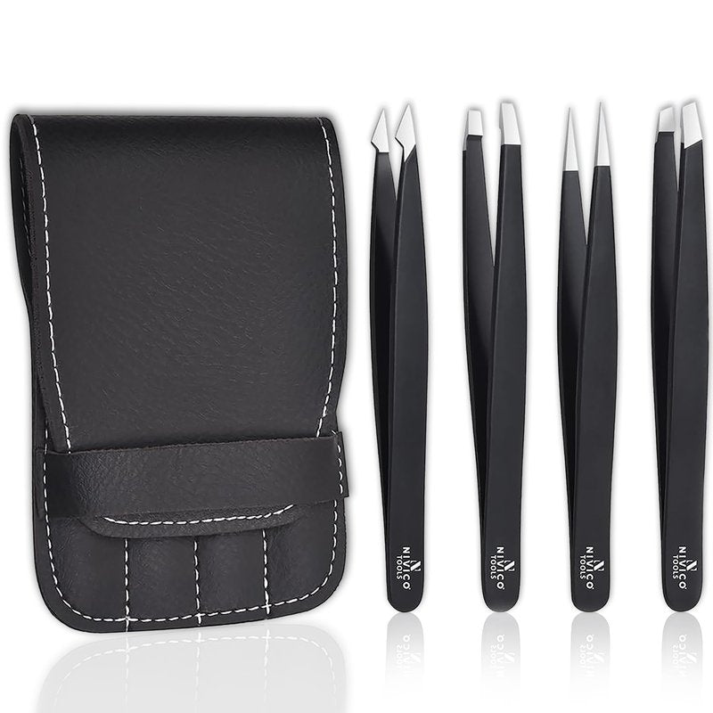 Nivico Tools Premium Eyebrow Tweezers Set – Professional Surgical-Grade Stainless Steel Precision Plucking Kit (Slant, Pointed, Flat, Angled) – Facial Hair & Splinter Removal with Leather Pouch