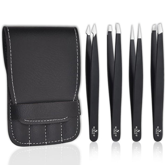 Nivico Tools Premium Eyebrow Tweezers Set – Professional Surgical-Grade Stainless Steel Precision Plucking Kit (Slant, Pointed, Flat, Angled) – Facial Hair & Splinter Removal with Leather Pouch