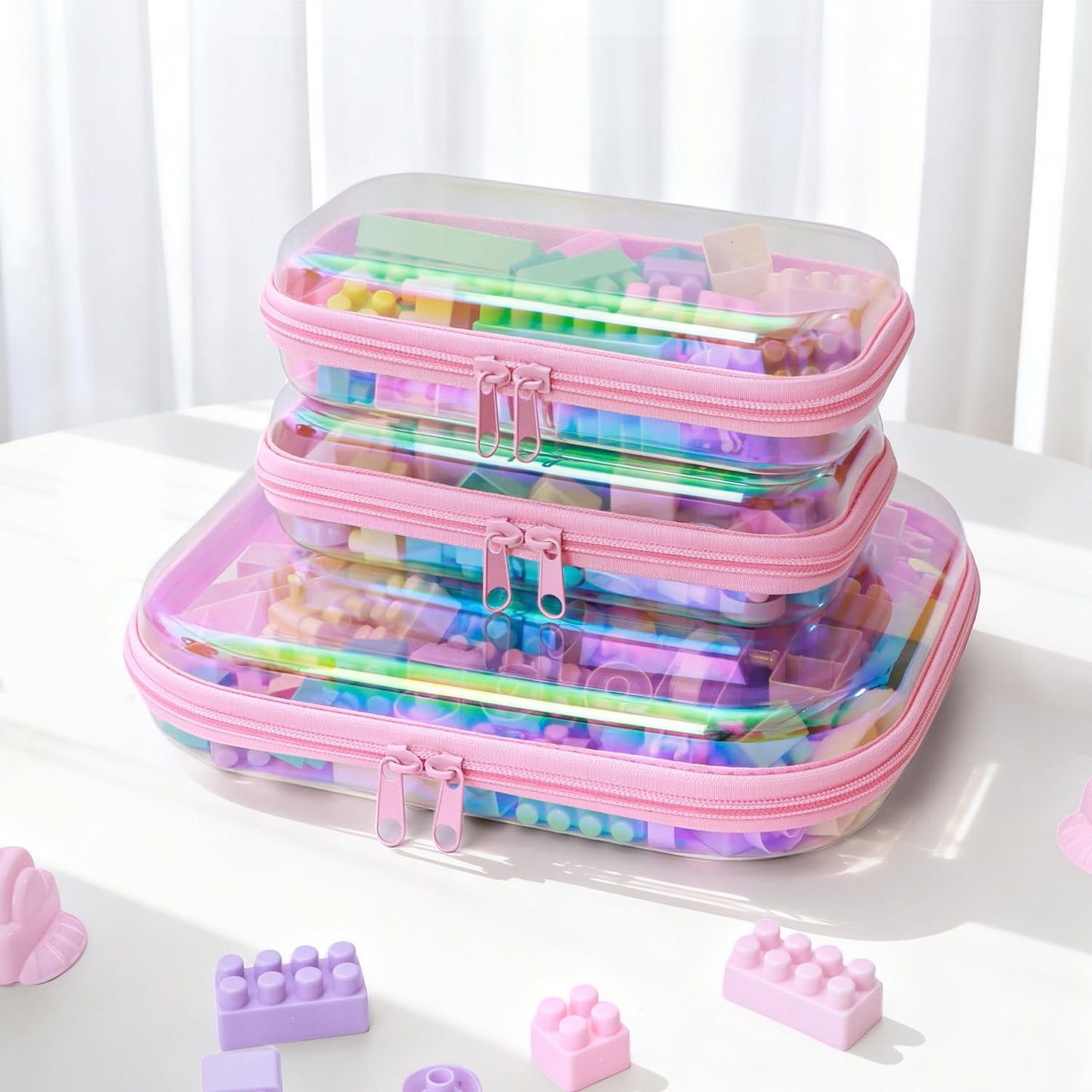Clear Hard Shell Zipper Case, Surface scratch resistant material, Portable Cosmetic Bag with Zipper, Diaper Bag Organizing Pouches, Hard Plastic Case, Clear Bags for Organizing, Laser Pink （3 Pcs）