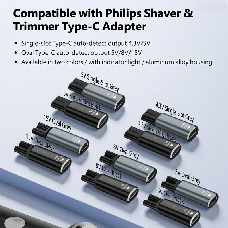 4.3V 5V 8V 15V Type-C Shaver Adapter Charging Converter, Suitable for Philips Norelco 7700/7500/7400 3500/5300 Series, OneBlade QP6520 QP6530 QP6510， Equipped with a Charging Data Cable (5V)