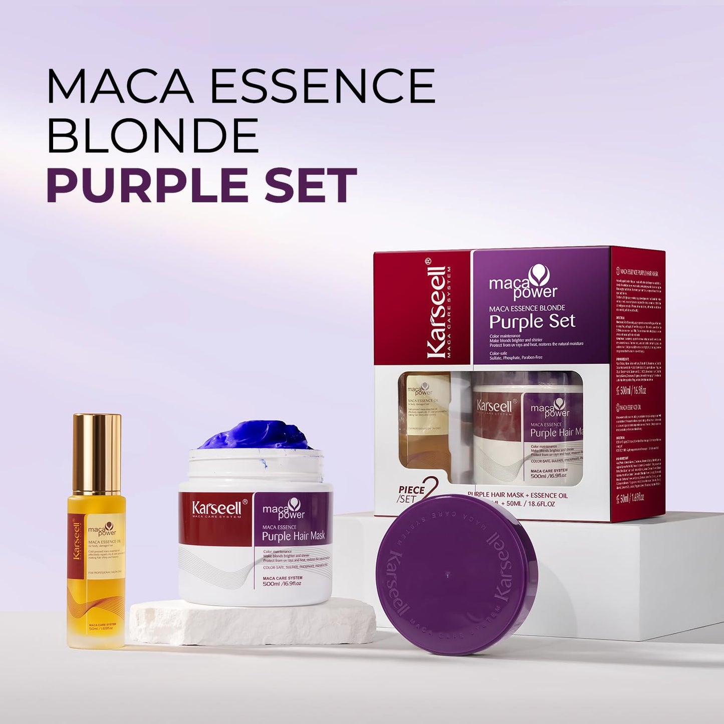 Karseell Purple Hair Mask and Argan Oil Set for Blonde, Silver and Gray Hair, Brass Toning Deep Conditioner for Color-Treated, Bleached or Highlighted Hair, 16.9 oz and 1.69 oz