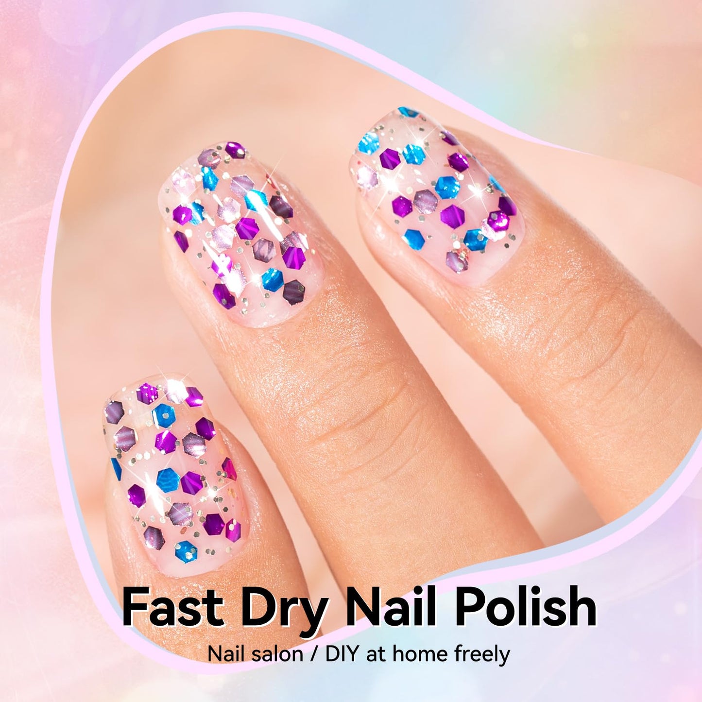 Nailshion Confetti Nail Polish, Purple Blue Rose Gold Glitter Sparkle Nail Polishes with Hexagon Glitter, Rich in Castor Oil, Air Dry No Need U/V Lamp, Iridescent Geometric Nails Art Home DIY Gift