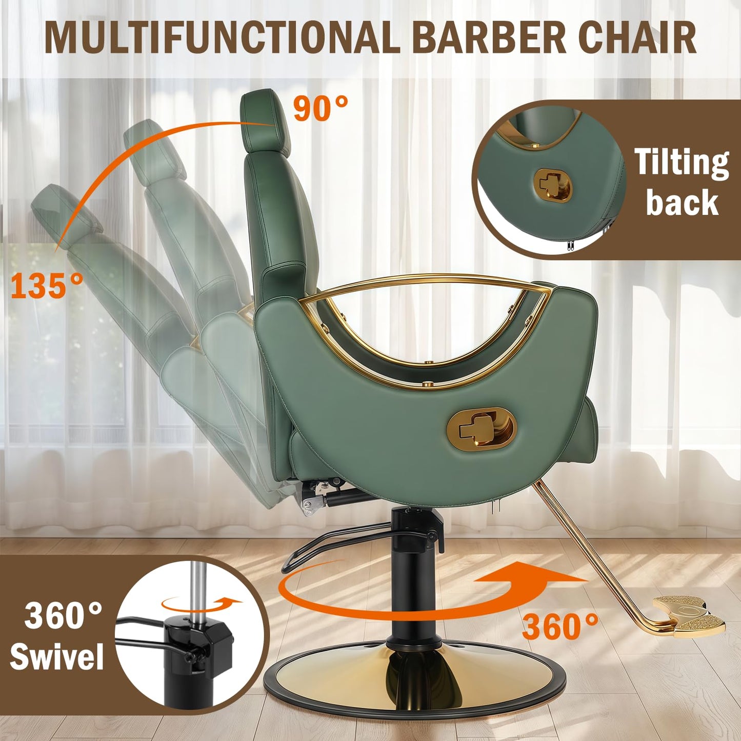 Tythical Salon Chair for Hair Stylist, Barber Salon Chair Reclining Hairdresser Chair with Hydraulic Pump 360 Swivel Styling Braiding Chair for Home Barbershop Tattoo Shampoo Spa, Green Glod