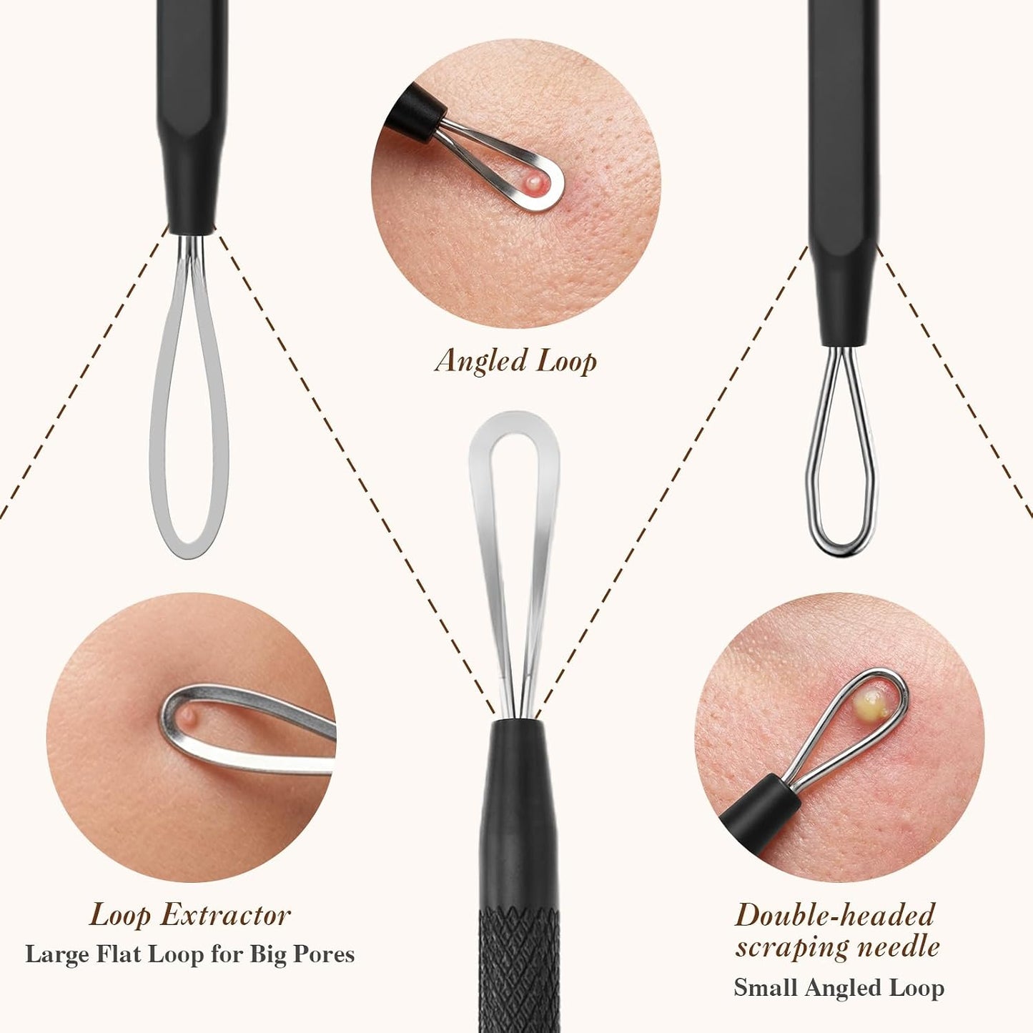 Pimple Extractor Tool Kit - 6 Stainless Steel Blackhead Remover Tools with Leather Case