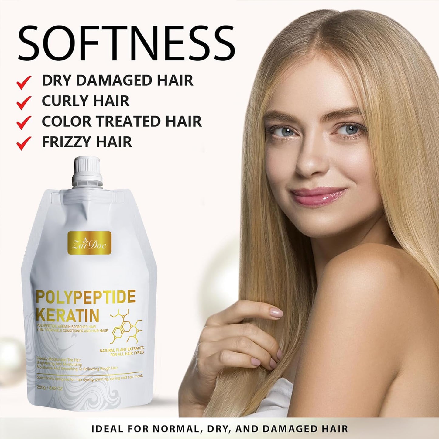ZAIDOC Keratin Hair Mask, 2 Pcs Peptide Deep Conditioner Treatment for Damaged, Dry, Color Treated Hair, Intensive Repair with Jojoba&Rosemary Oil, 8.82oz