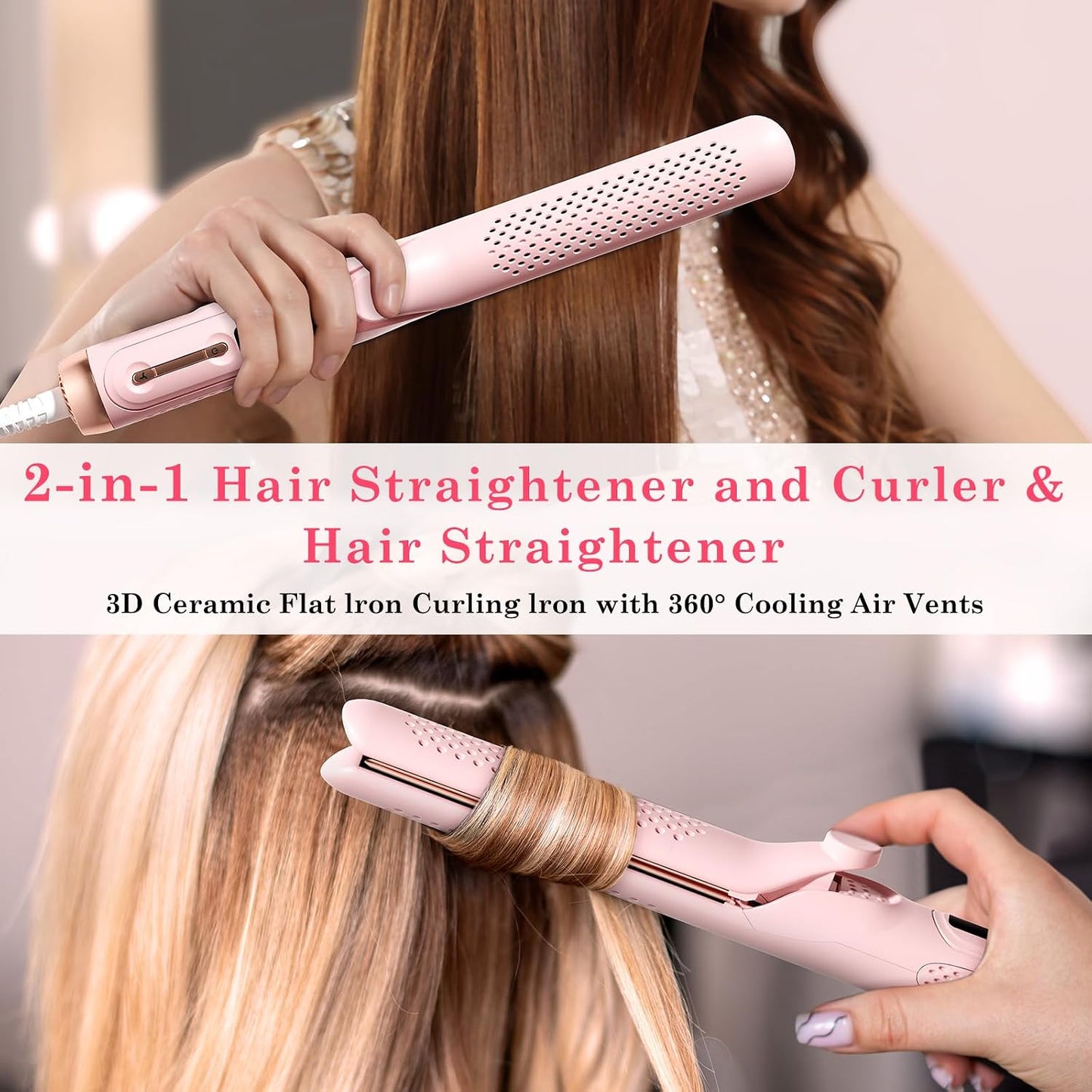 Hahahope 2-in-1 Hair Straightener and Curler - 360° Airflow Styler, 1.25" Dual Voltage, Light Pink