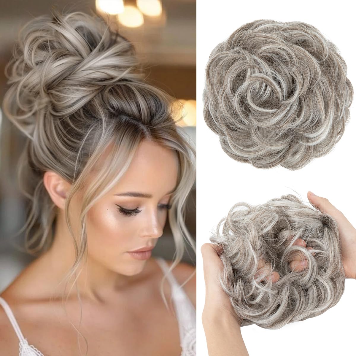 Large Messy Bun Hair Piece - Wavy Curly Synthetic Ponytail Extensions | Thick Updo in Pecan Blonde