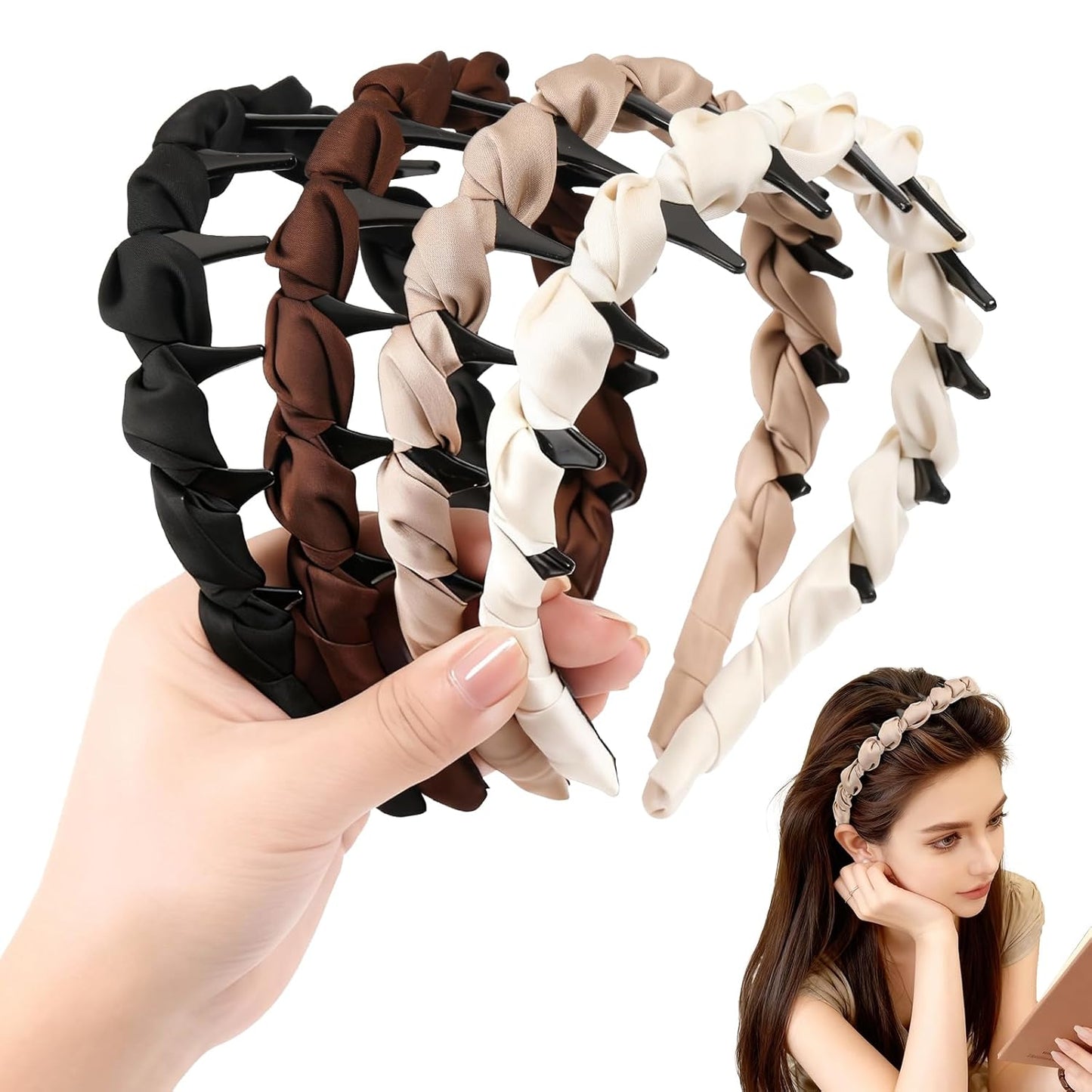 High Cranium Headbands for Women - Non-Slip Zig Zag Design | 4 Pcs Retro Satin Braided Hair Accessories