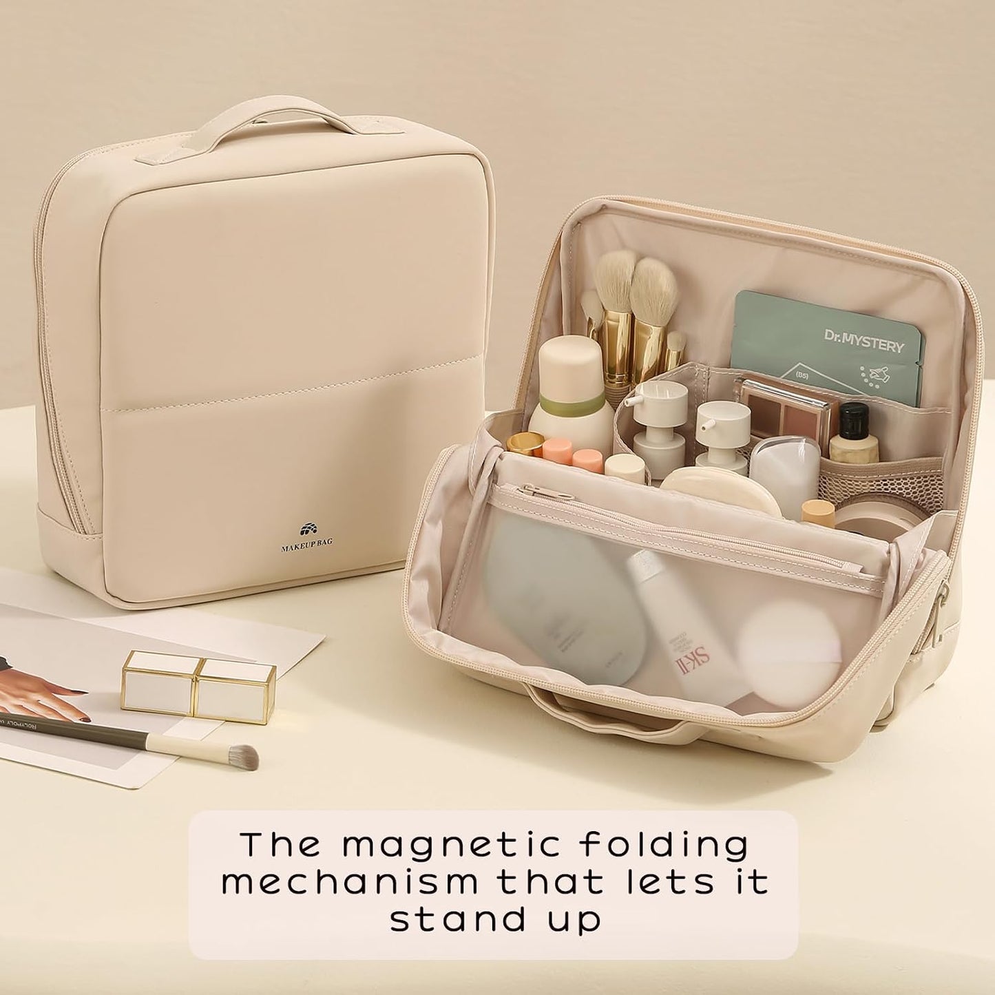 Foldable Magnetic Makeup Bag - Large Capacity PU Leather Cosmetic Organizer with Phone Holder & Detachable Dividers | Light Pink
