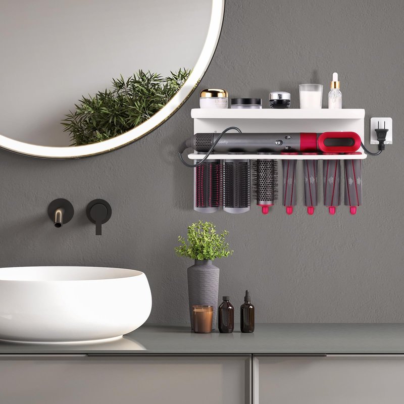 Zenymb Wall Mount Holder for Dyson Airwrap Styler, White Storage Rack Organizer for Hair Curling Iron & Attachments – Space-Saving Bathroom Bracket Stand, No-Drill Installation