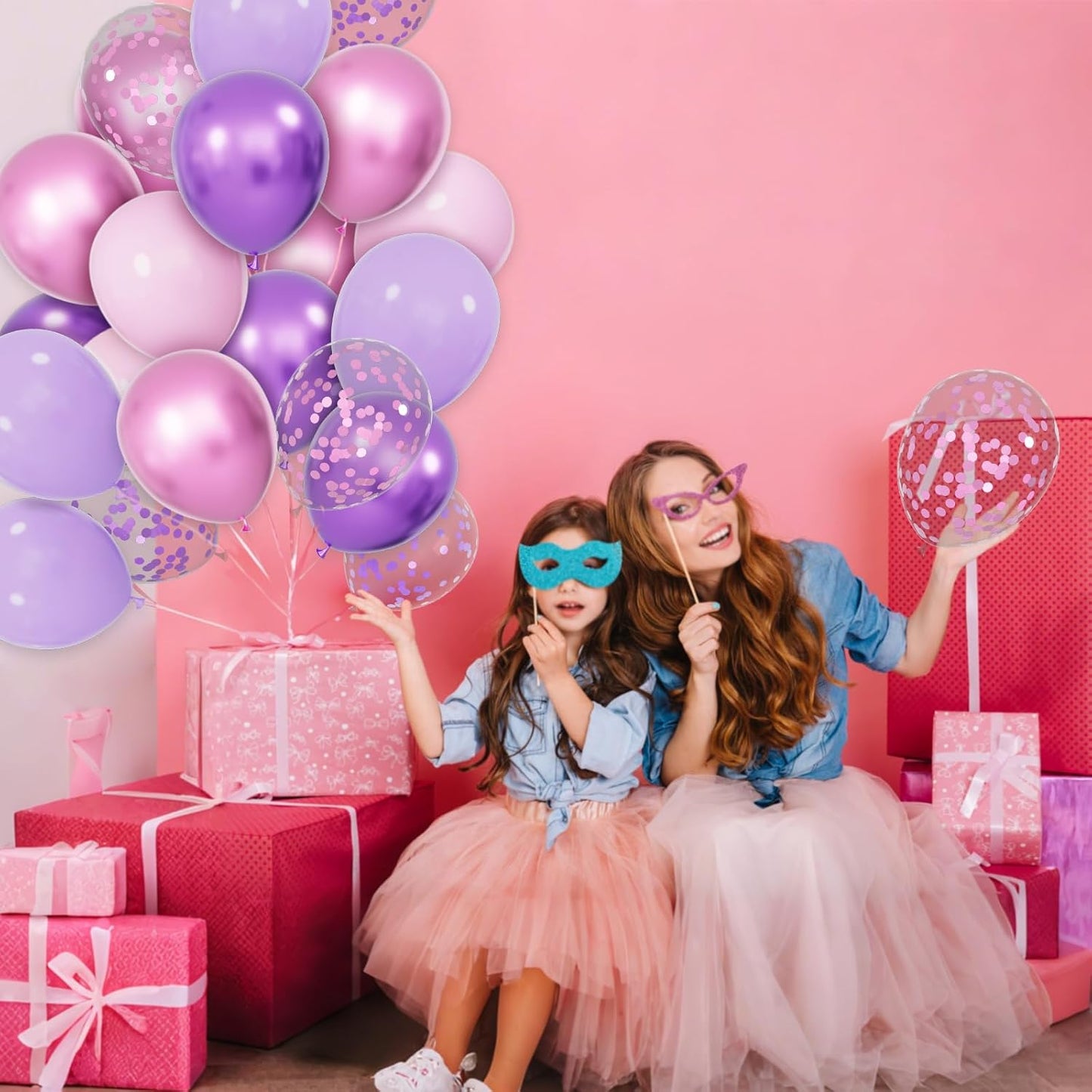 68Pcs Pink & Purple Balloons - 12 Inch Metallic Latex Balloons with Confetti & Ribbons | Perfect for Weddings, Birthdays & Baby Showers