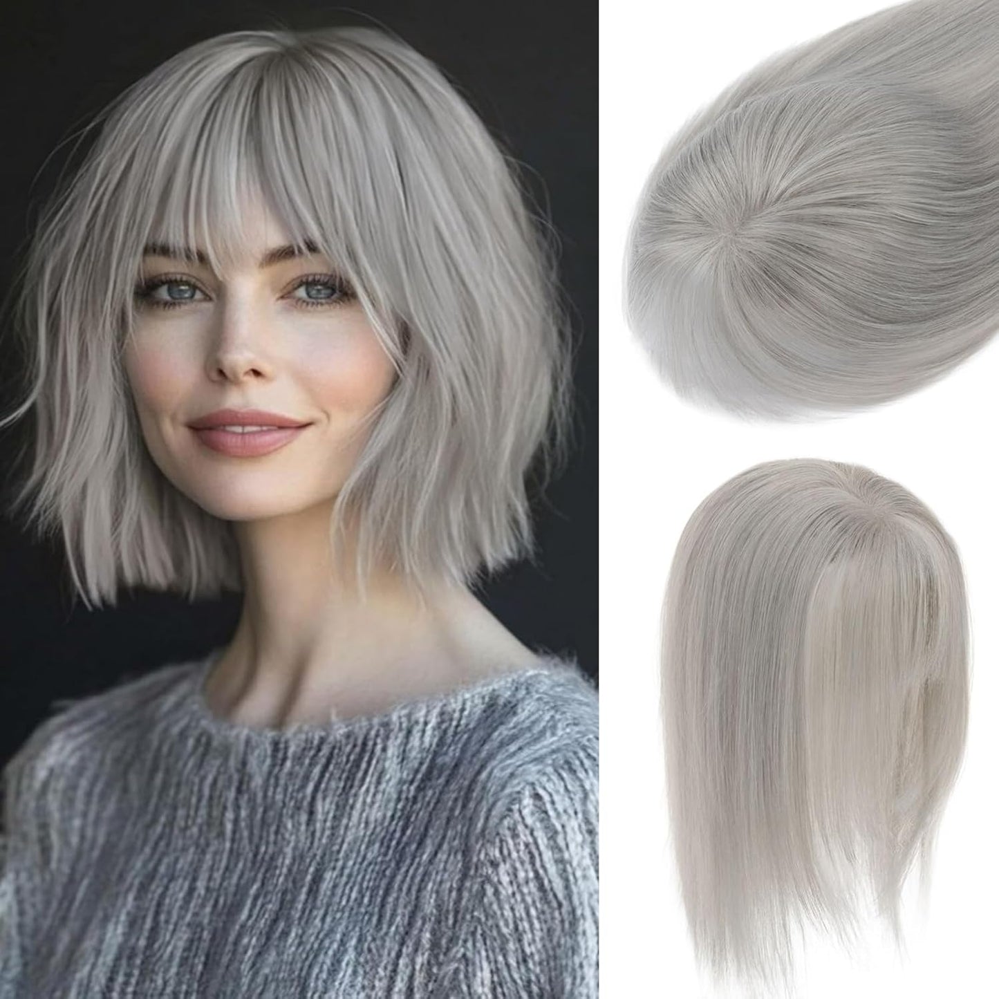 Human Hair Topper with Bangs - 360° 3D Cover Hairpiece for Women | Grey 12 Inch