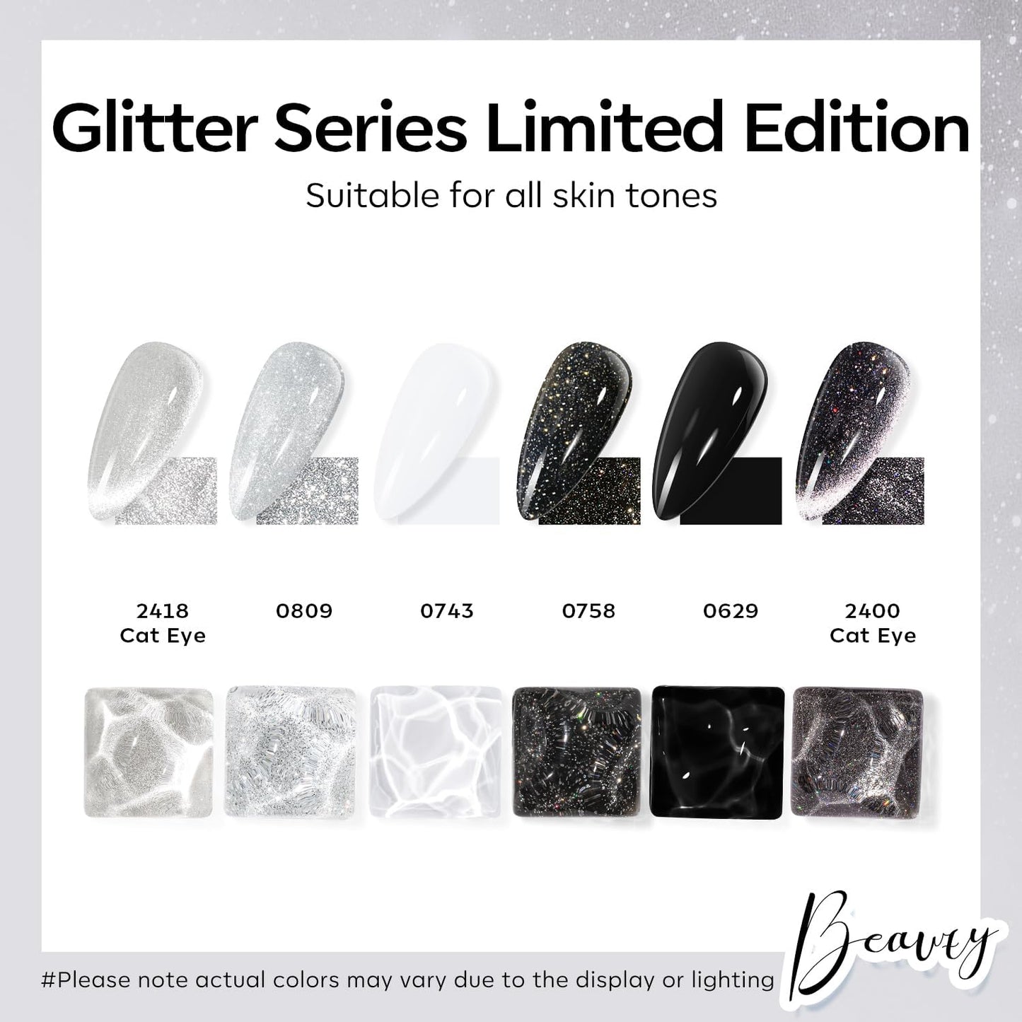 modelones Gel Nail Polish Set, 6 Colors Cat Eye Black White Gray Silver Glitter Shimmer Gel Polish Kit with Magnet Sparkle Galaxy Series Soak Off Nail Art Manicure Home Gift for Women Girl