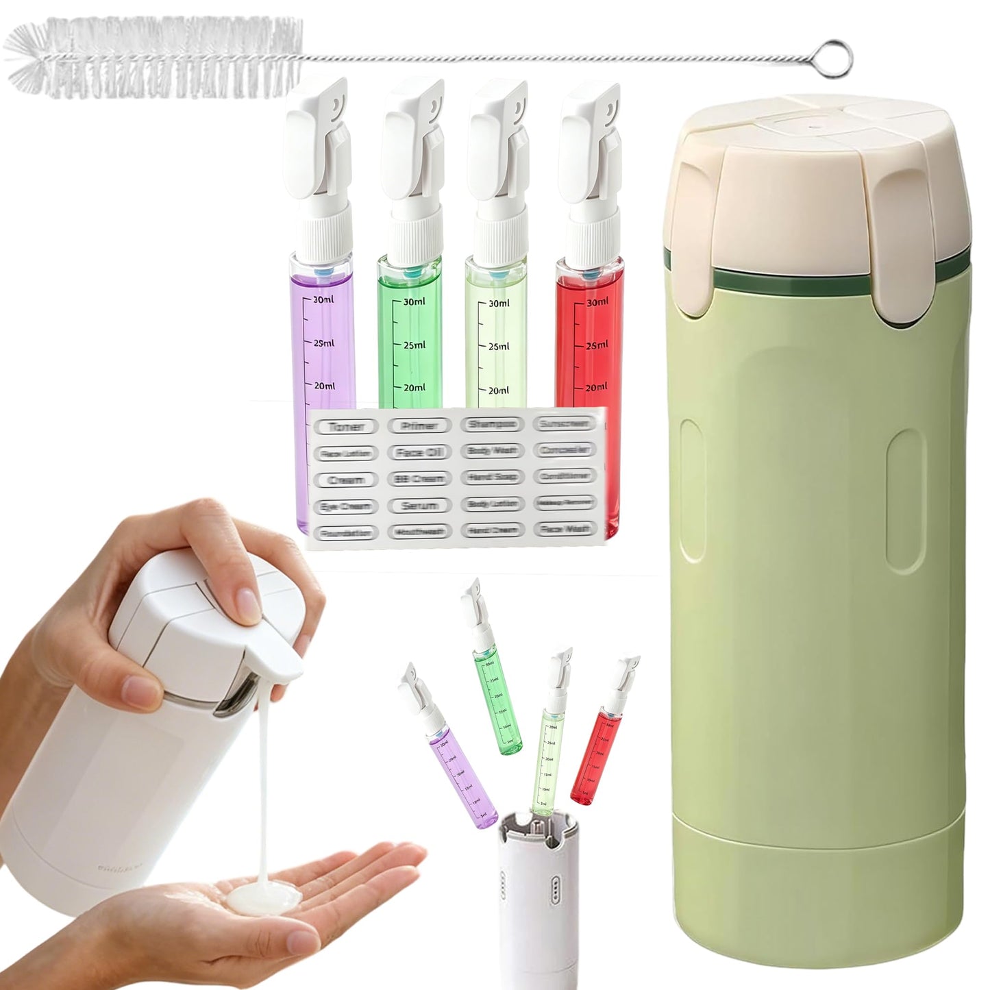 4 in 1 Travel Dispenser Bottle, 4 Pack 30ml Portable Leakproof Rotatable Travel Dispenser Set with Label, Suitable for Storing Shower Gel, Shampoo, Laundry Detergent, for Travel, Camping (Green)