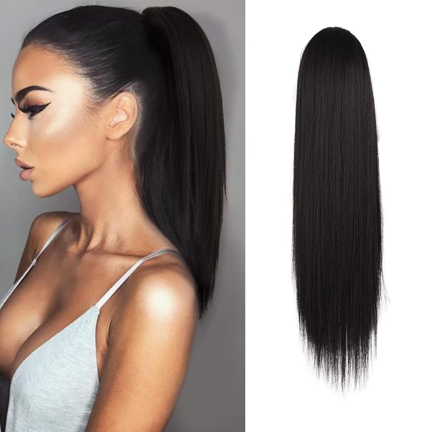 Dark Brown Straight Wrap Ponytail Extension - 24 Inch Clip-In Hairpiece for Black Women | Synthetic Hair