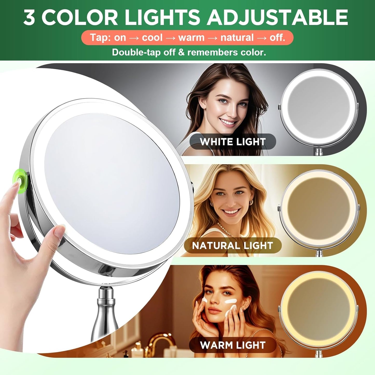 Lighted 30x Magnifying Makeup Mirror - Adjustable Brightness, 3 Color Modes | 5000mAh Rechargeable, 360° Rotation