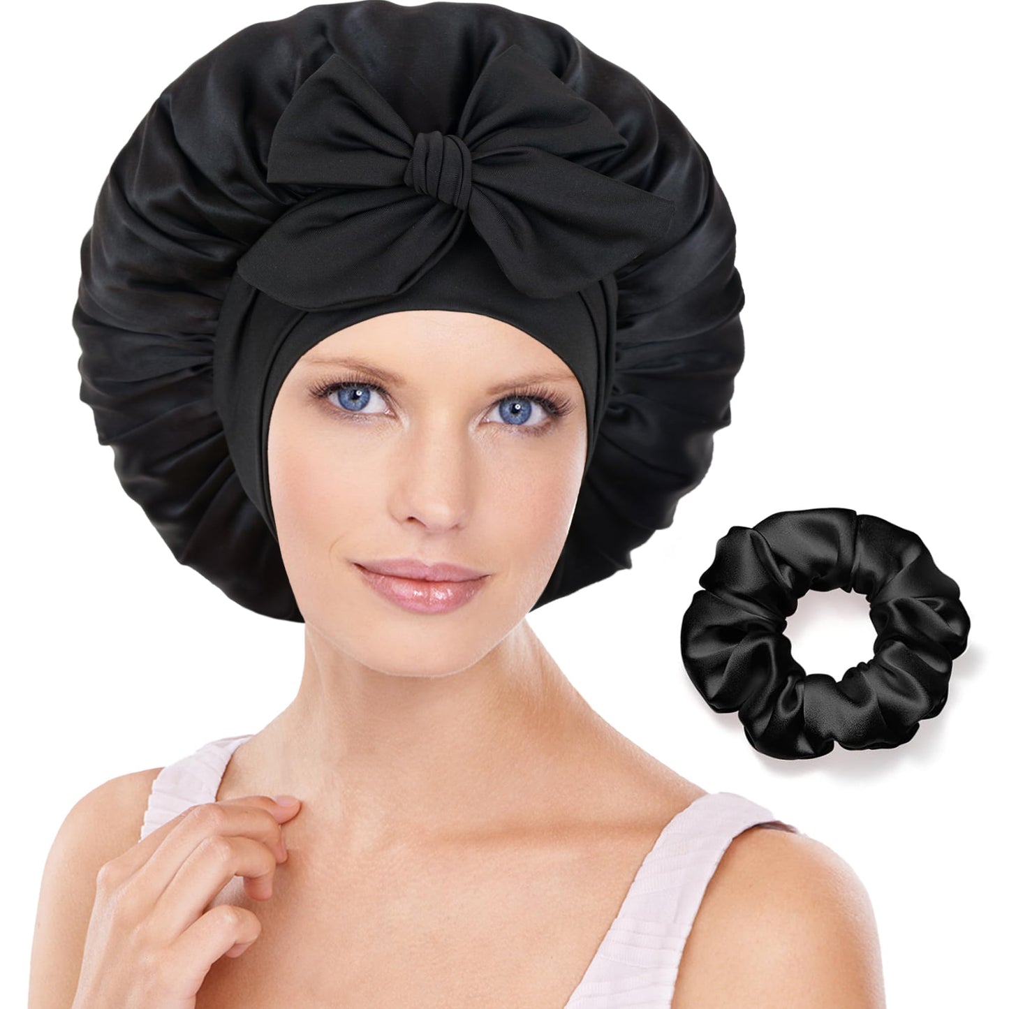 100% Mulberry Silk Bonnet for Sleeping Women, Pure Real Silk Hair Bonnets with Tie, Double Layer Sleep Cap for Curly Hair