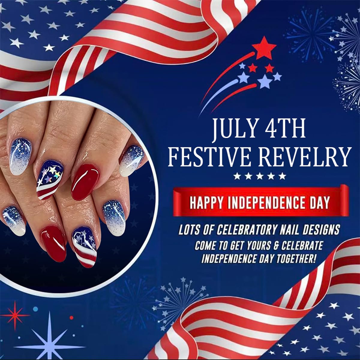 4th of July Press on Nails Medium Oval Patriotic Fake Nails with Star & American Flag Designs,Blue Glitter 4th of July Nails Independence Day Full Cover Stick on Nail for Women Manicure 24Pcs