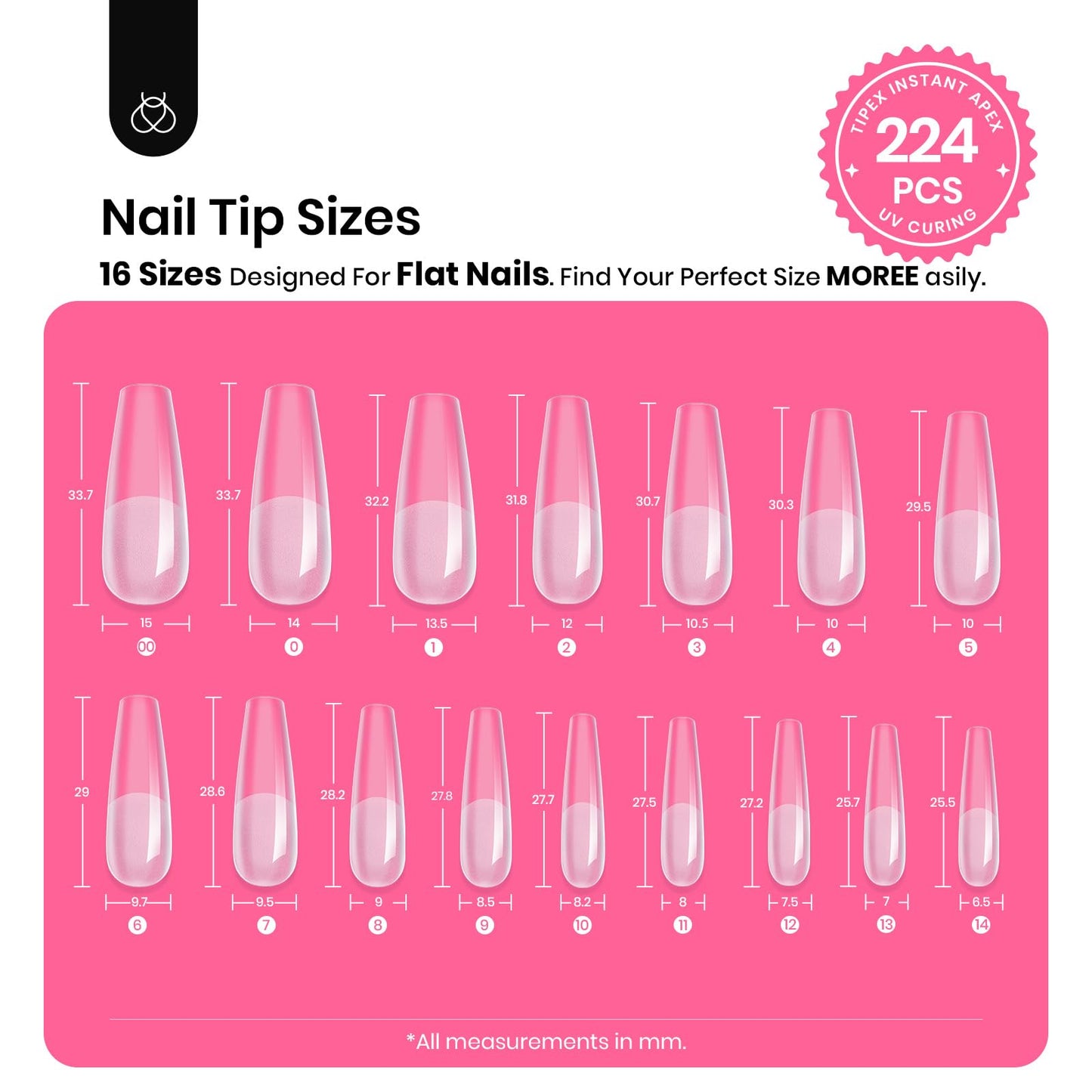 Beetles Tipex Instant Apex Nail Tips Kit, Long Coffin, 224PCS 16 Sizes 00-14, No Builder Gel Needed, 20g Solid Nail Glue, Mini UV Lamp