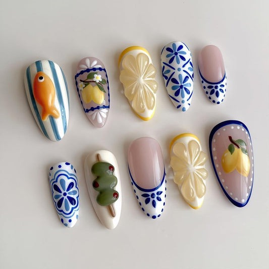Press On Nails - 24Pcs Medium Almond 3D Cute Fish & Lemon Design | Reusable French Tip Acrylic Full Cover