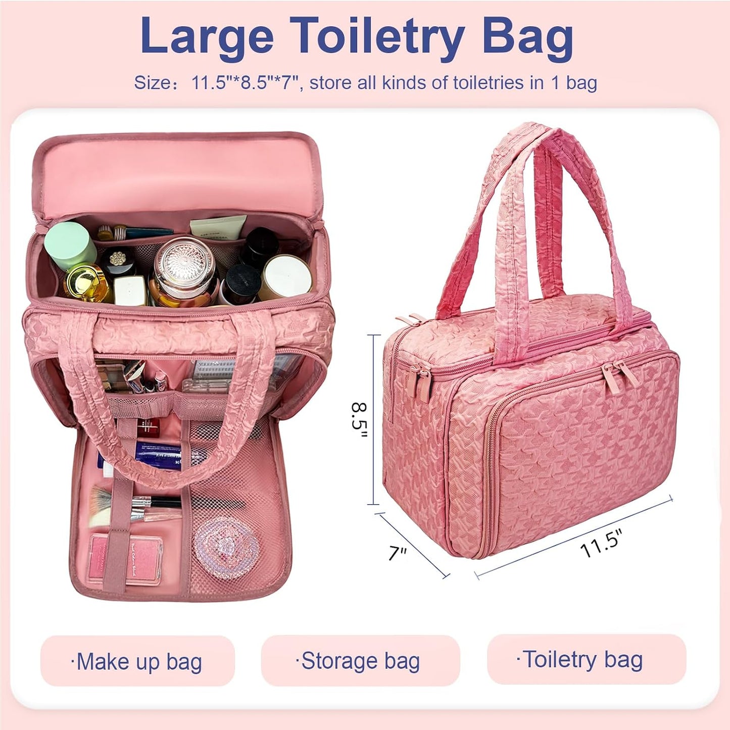 SMONT Toiletry Bag for Traveling Women, 11.5" Large Travel Makeup Toiletries Skincare Bag, Big Cosmetic Cosmetiquera Pink