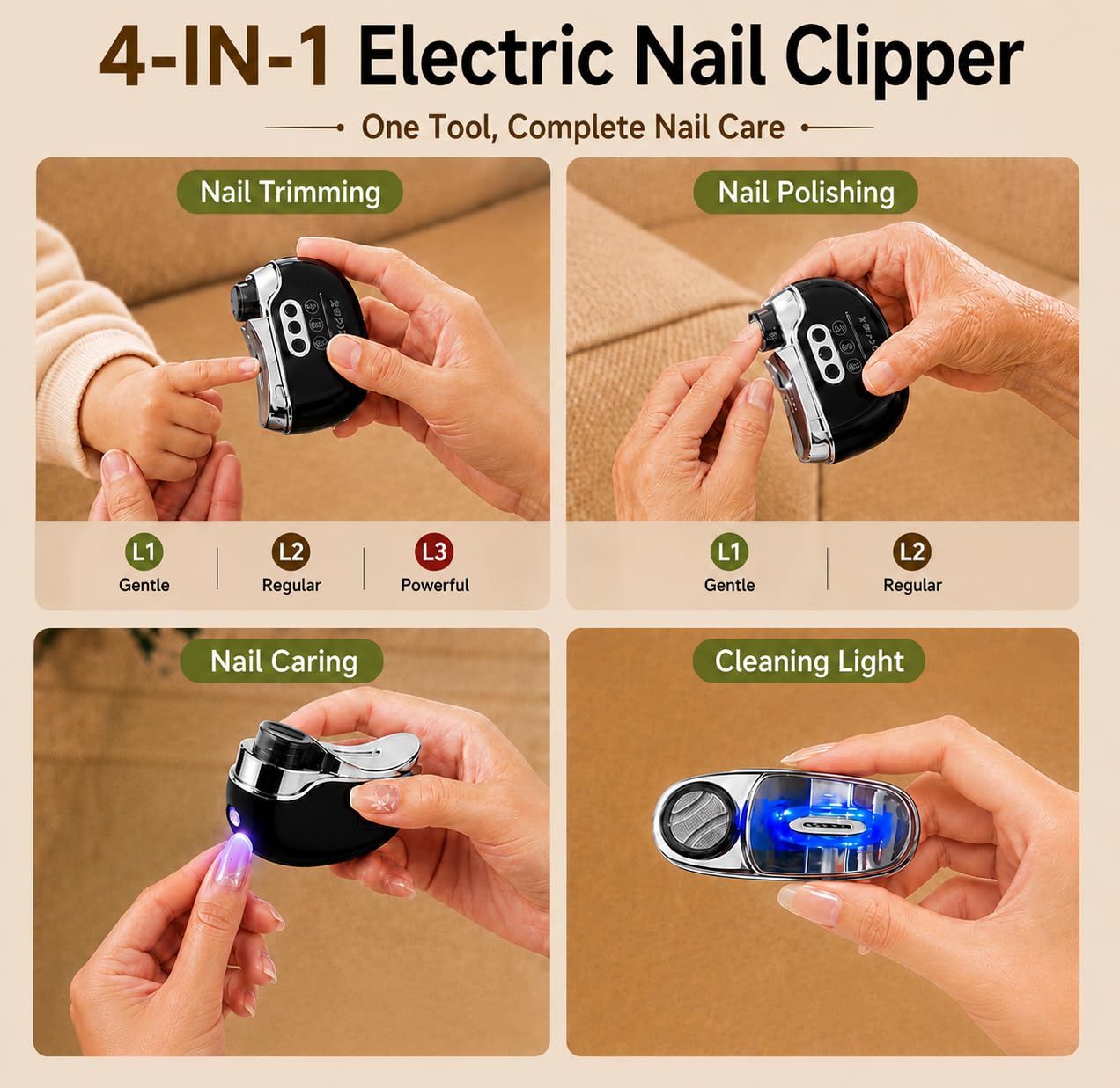 4-in-1 Electric Nail Clipper with 3 Adjustable Speeds, Electric Nail Trimmer with Trimming, Polishing & Debris Collection, Dual LED Lights, Safe & Painless Electric Nail Clippers for Seniors, Black