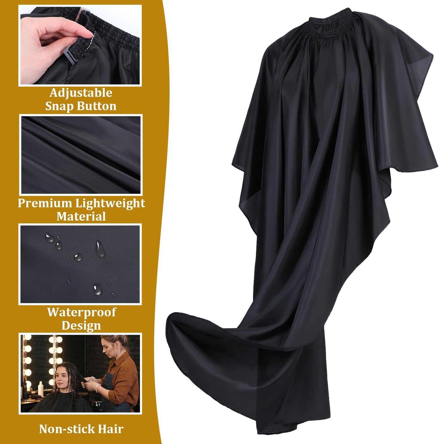 Barber Cape - 12pcs Black Waterproof Hair Salon Cape with Snap Closure, 55" x 47" Large Anti-Static Salon Apron for Professional & Home Haircut, Styling, Dye