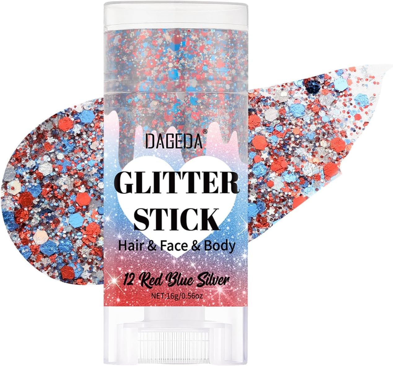 Red White Blue Body Glitter Stick - Sparkly Face Glitter Makeup for 4th of July | Shimmer Face Paint Stick