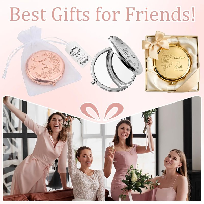 Personalized Compact Mirror - Custom Pocket Mirror for Women | Cute Purse Size, Ideal for Weddings & Gifts (10 Pack)